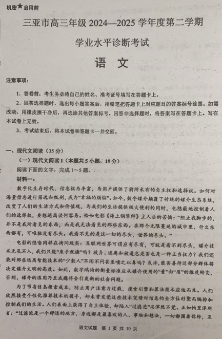 海南省三亚市2024-2025学年高三下学期学业水平诊断语文试题