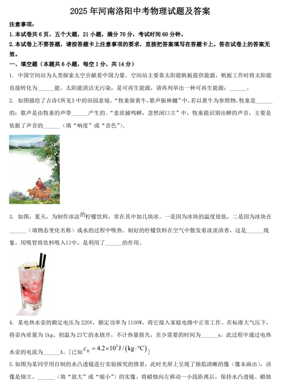 2025年河南洛阳中考物理试题及答案