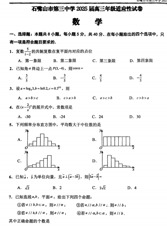 宁夏石嘴山市第三中学2025届高三年级适应性考试数学试题 宁夏石嘴山市第三中学2025届高三年级适应性考试数学试题