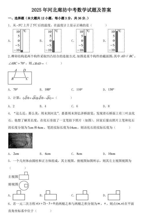 2025年河北廊坊中考数学试题及答案