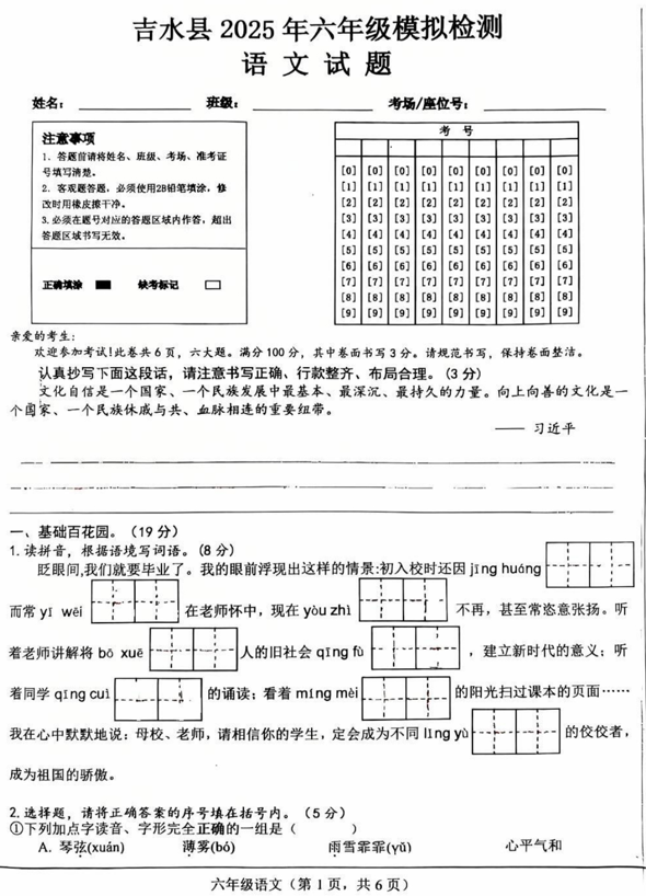 江西省吉安市吉水县2024-2025学年六年级下学期模拟检测语文试题