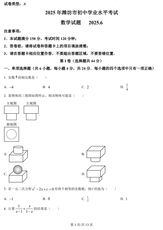2025年山东省潍坊市中考真题数学试题