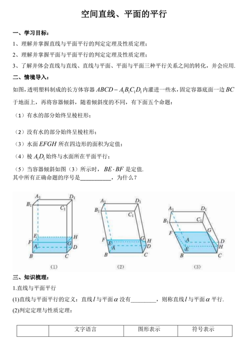 空间直线平面的平行+学习单-2025届高三数学二轮复习