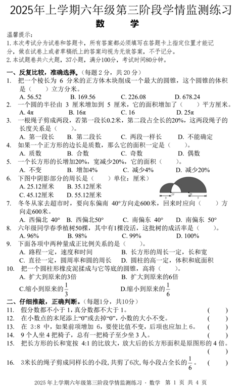 湖南省邵阳市武冈市第二实验小学、三小联考2024-2025学年六年级下学期第三阶段学情监测练习数学试题