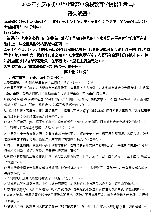 2025年四川省雅安市中考语文真题