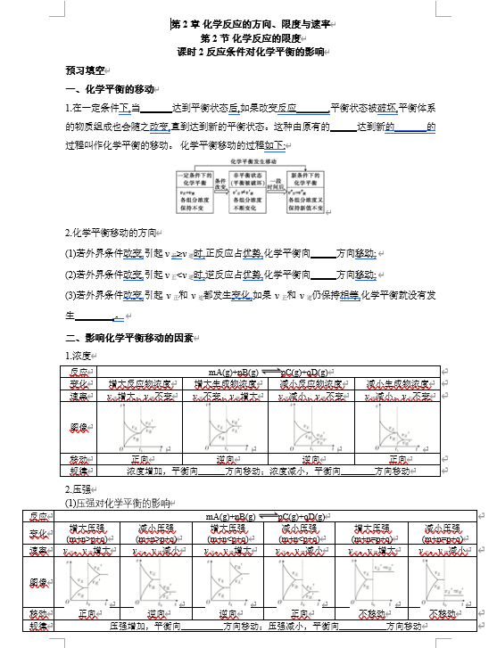 2026年高中五年高考三年模拟【高一高二同步】化学（鲁科版）选择性必修1 电子预习卡 第2章 化学反应的方向、限度与速率 第2节 化学反应的限度 课时2反应条件对化学平衡的影响