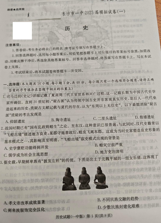 2025届湖南省长沙市第一中学高三下学期模拟（一）历史试卷
