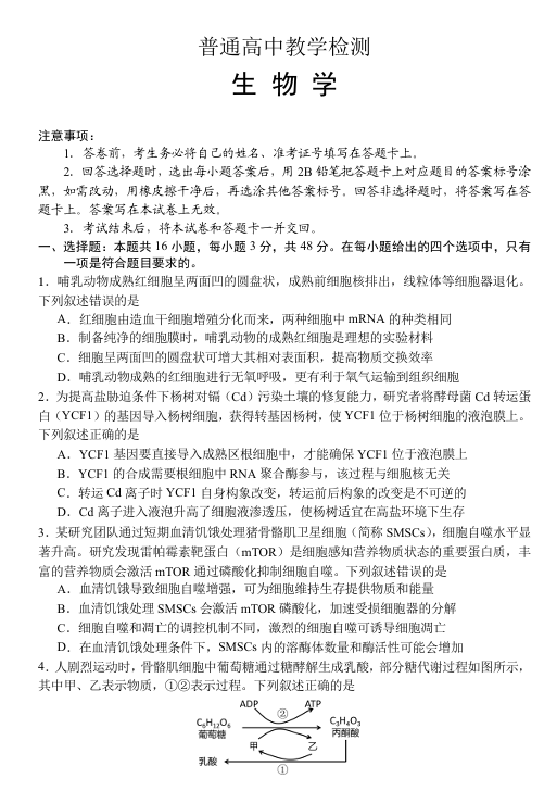 贵州省2025年基础教育质量提升普通高中教学检测生物