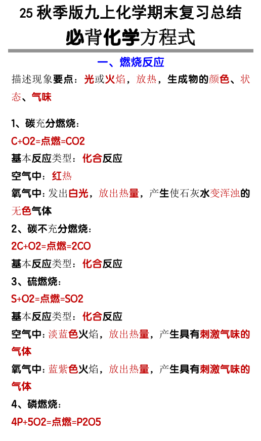 【2025秋新版】九上化学必背化学方程式 【2025秋新版】九上化学必背化学方程式
