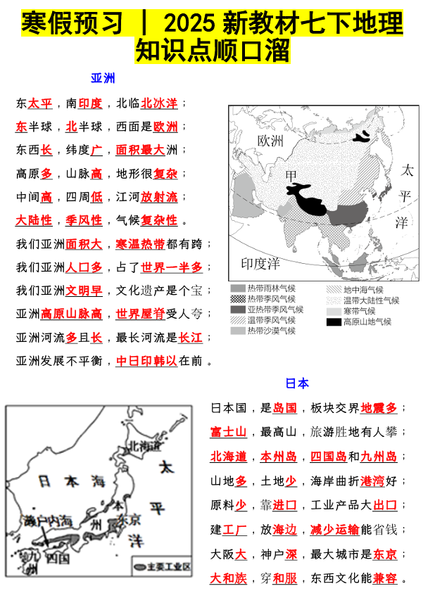 2025新教材七下地理知识点顺口溜