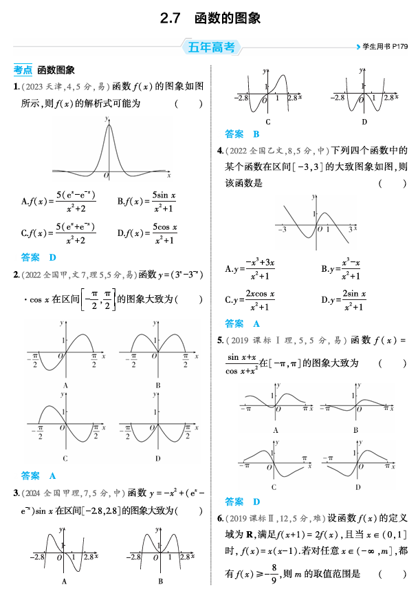 2026《53高考总复习A版》数学 精练册 2 7  函数的图象