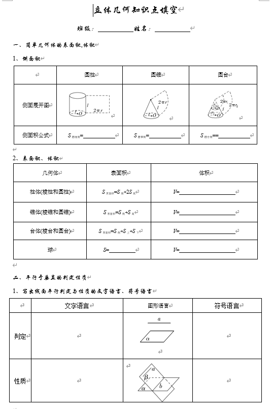 立体几何基础知识点填空（面积、体积、平行垂直的判定与垂直）-2026届高三数学一轮复习