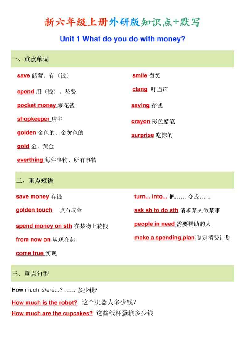 新外研版六年级上英语知识点