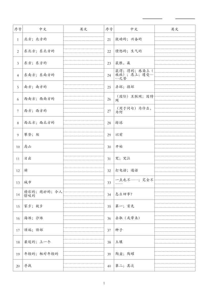 26秋六上英语人教精通版单词默写