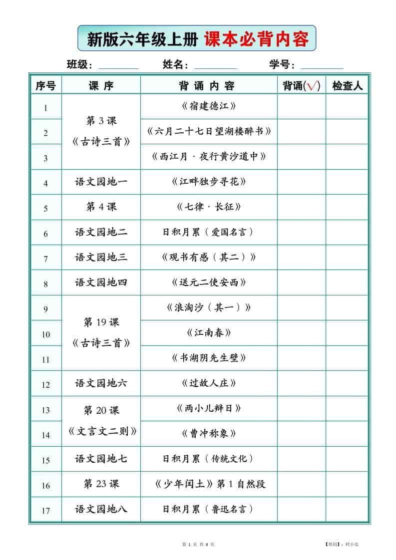 26新版六年级上册语文【课本必背内容】背诵版