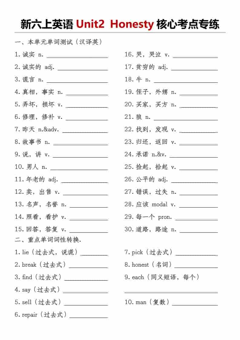 译林版《新六年级上册英语Unit2Honesty核心考点专练》 译林版《新六年级上册英语Unit2Honesty核心考点专练》