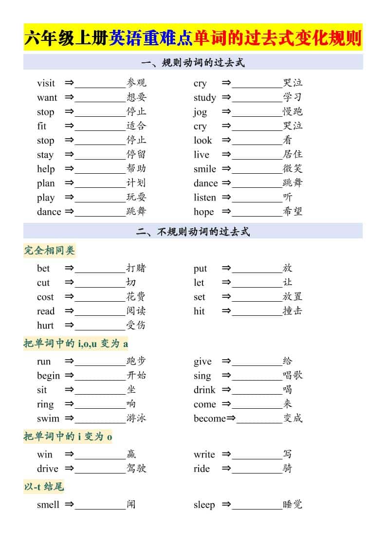 六年级上册英语重点：动词的过去式变化专项