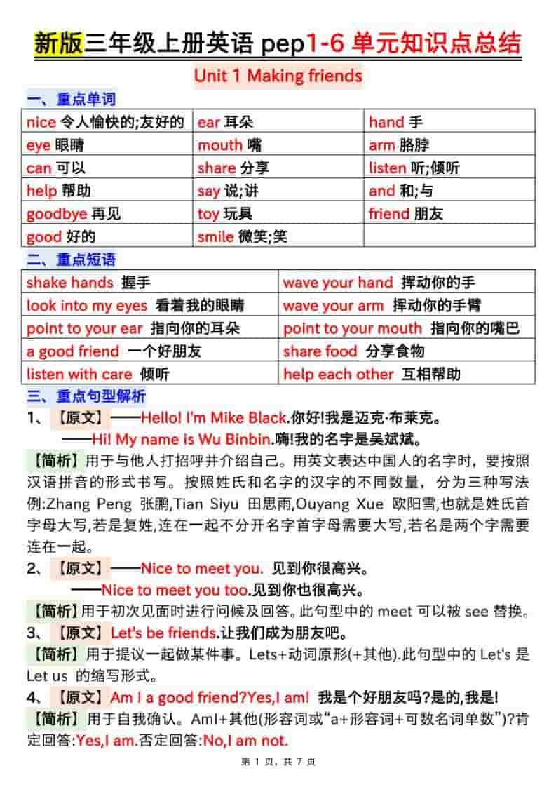 新版三年级上册英语1-6单元知识点总结（人教PEP）7页