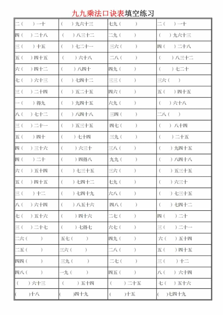 二年级上册数学九九乘法口诀表填空练习