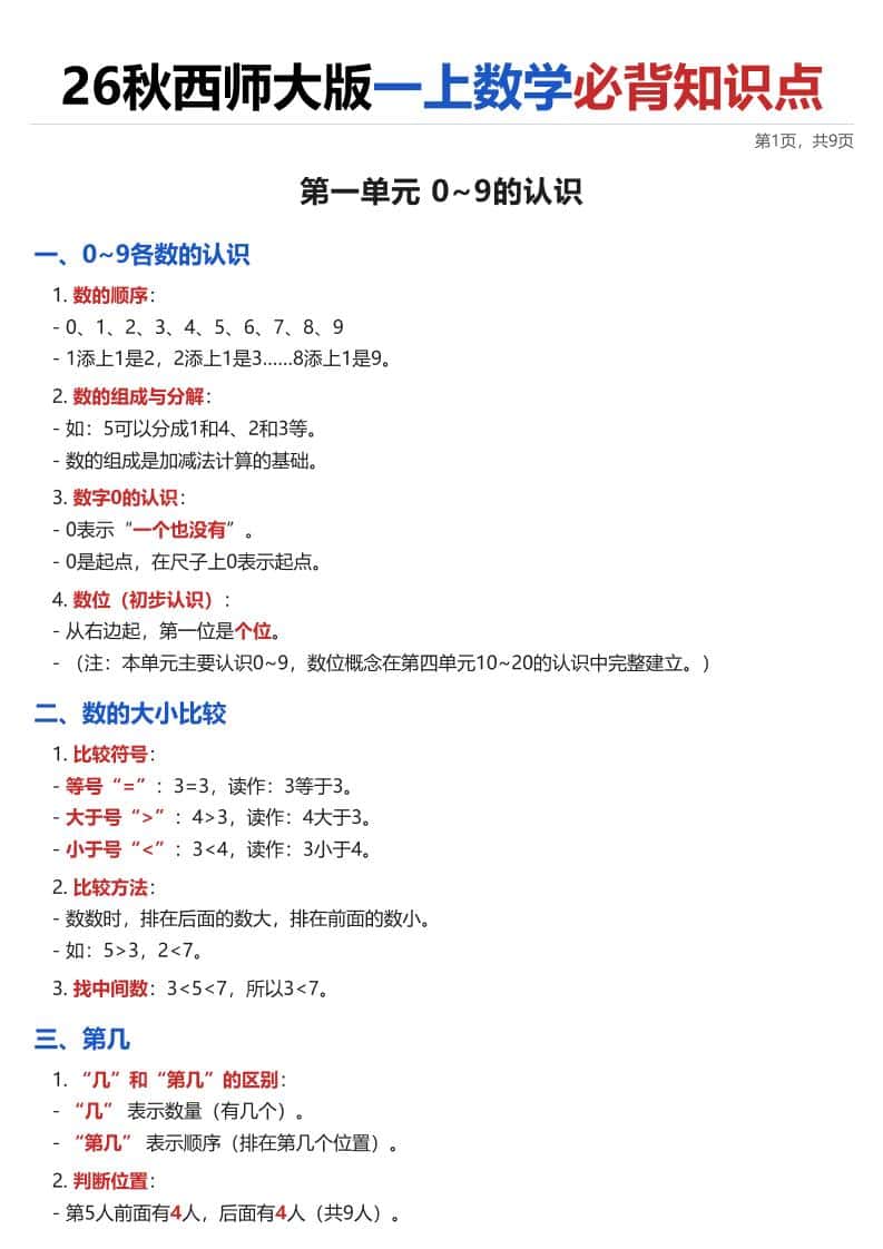 26秋西师大版一年级上册数学·必背知识点（全册）