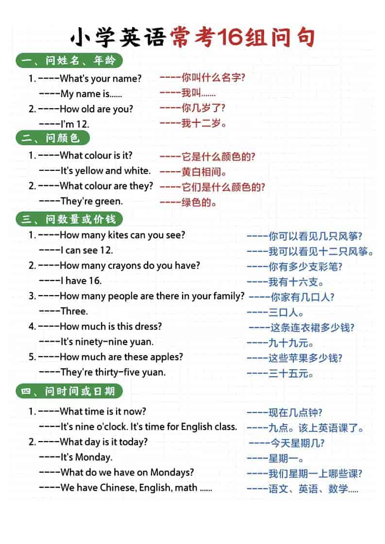 (新)小学英语常考16种问句-六年级上册英语