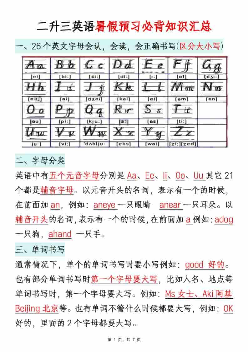 二升三英语暑假预习必背知识汇总通用版-三年级上册英语